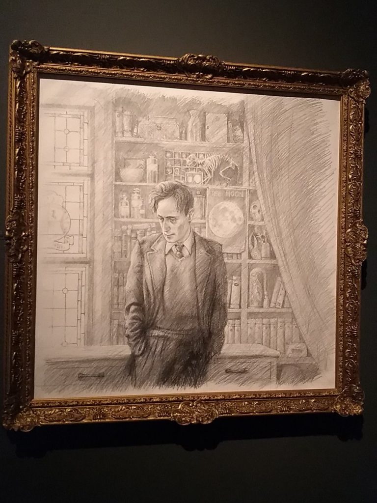 Dessin crayonné de Lupin selon Jim Kay à l'exposition Harry Potter de la British Library