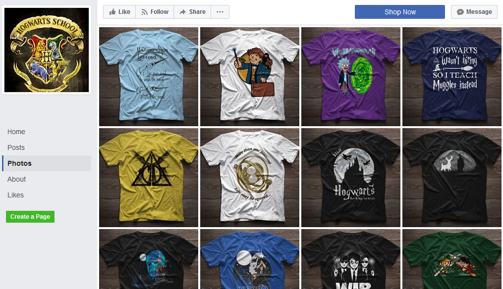 T-shirts HArry Potter et Wizarding World sur une page de contrefaçons