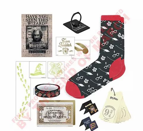 Détail contenu du calendrier Cinereplicas 2021 : mini puzzle affiche de recherche de Sirius Black, bague reliques de la mort, chaussettes motifs lunettes et balais, reproduction du billet de train, porte-celf voie 9 3/4, cartes motifs vif d'or, choixpeau, blason, strap morifs chibi Harry Potter etc.