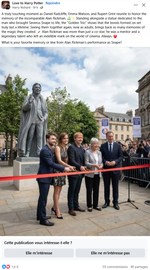 L'inauguration d'une statue de Alan Rickman par Daniel Radcliffe, Emma Watson et Rupert Grint ; une image créée par une intelligence artificielle générative.